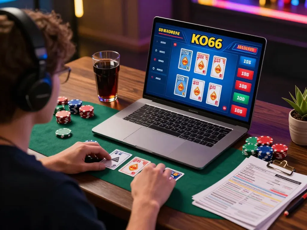 Engaging in a KO66 live dealer blackjack game on a laptop with strategic notes and excitement.