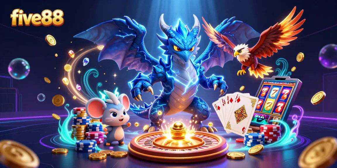 five88 offers an electrifying casino experience with a thunder dragon, coins, and vibrant gaming elements