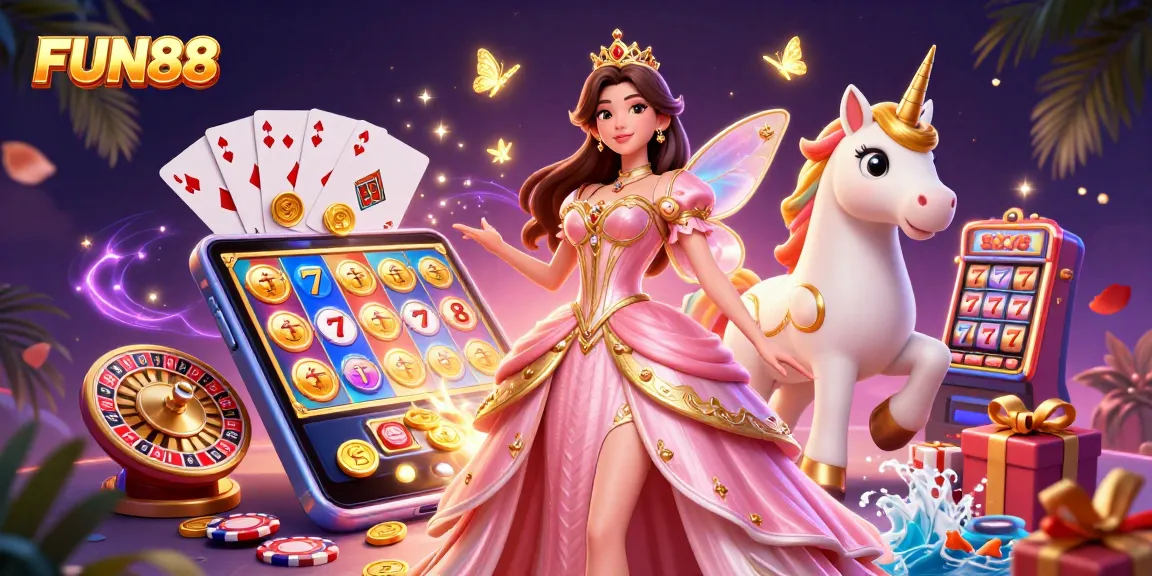 Experience the fun and excitement of FUN88 with slots and games in a vibrant casino scene.