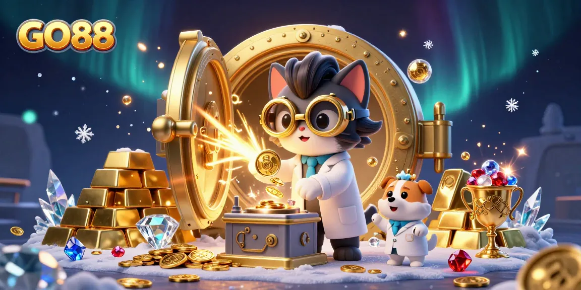 Winning at GO88 with a mad scientist cat and dog amid dazzling gold and gem treasures.
