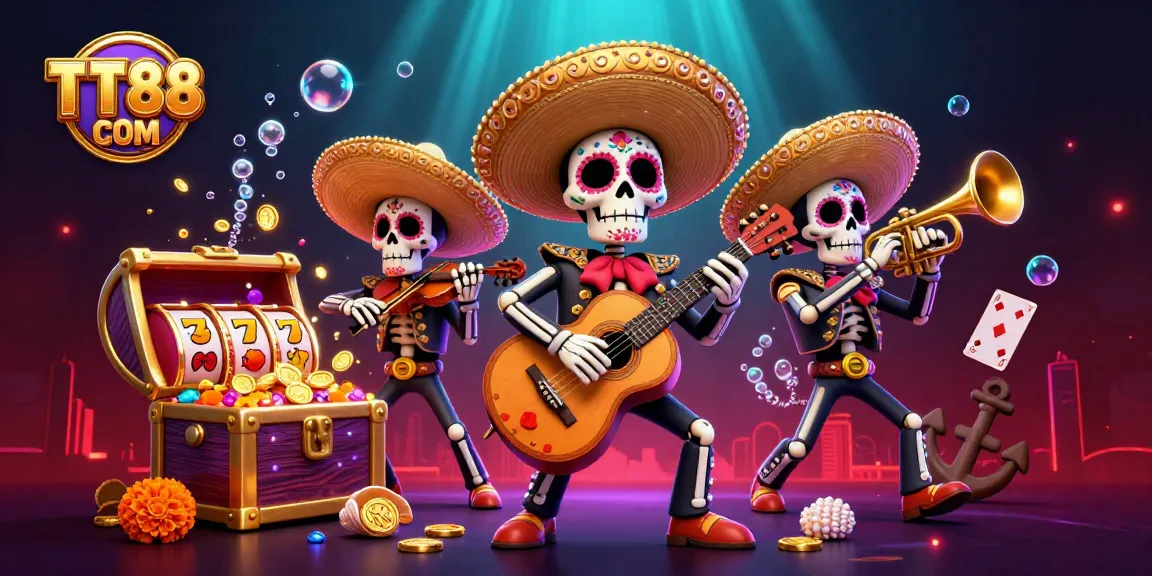 Engage in thrilling gambling experiences at TT88 COM with dynamic illustrations of a Mexican mariachi band amidst vibrant game elements.