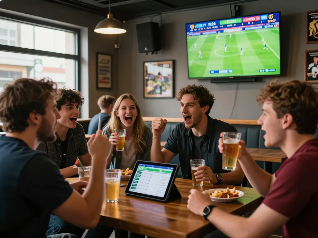 Cá độ bóng đá online scene with friends celebrating during a live football match at a sports bar.