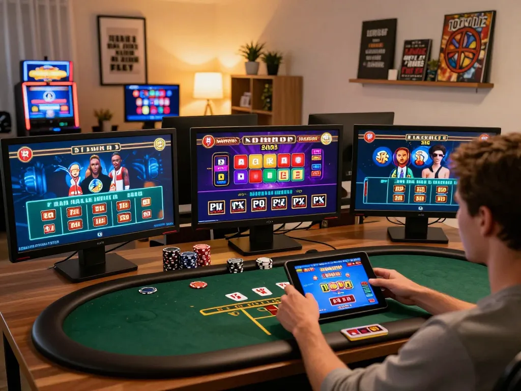 Experience dynamic online gaming with cm88 in a cozy home setup featuring multiple screens and engaging games.