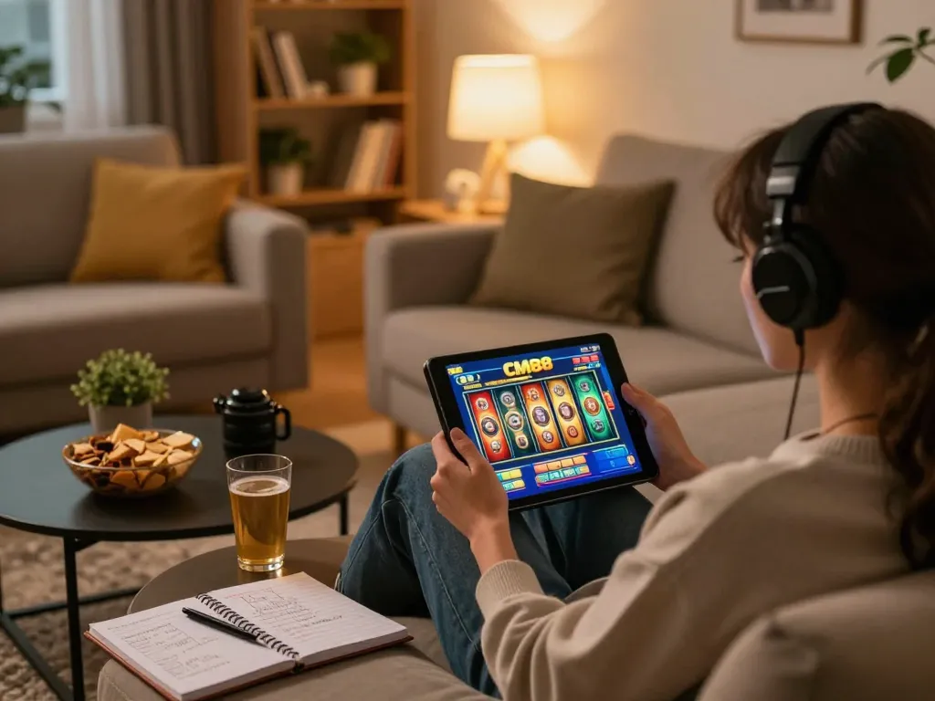 Engaging with CM88 slot game on a tablet, cozy home environment with warm lighting.