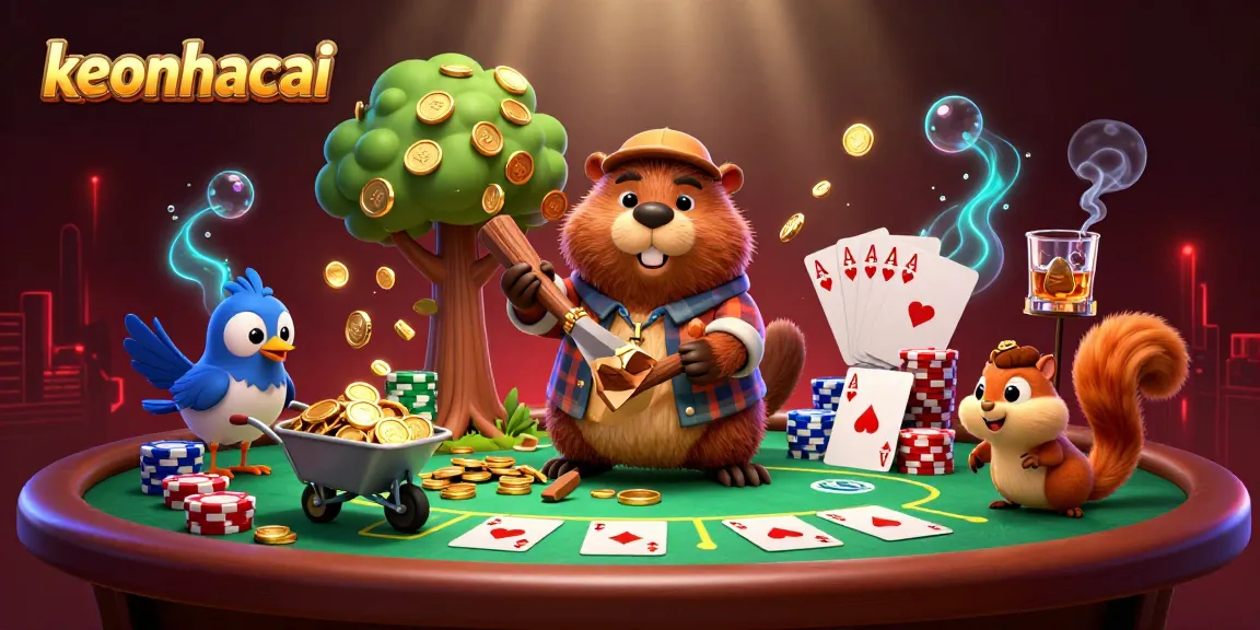 Experience thrilling gameplay with keonhacai as a beaver chops a coin tree, surrounded by vibrant poker elements.