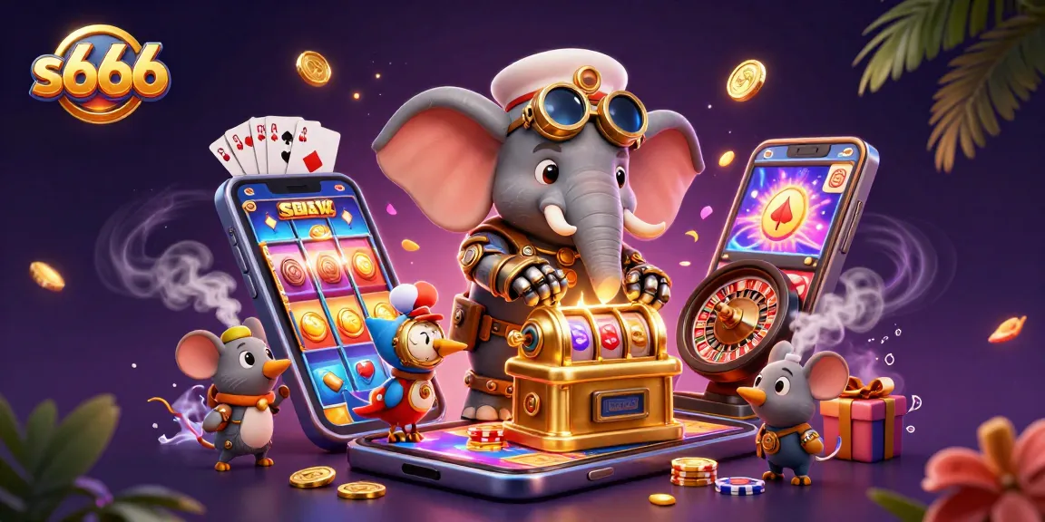 Experience thrilling gameplay at s666 with a steampunk elephant operating a golden slot machine, surrounded by vibrant casino elements.
