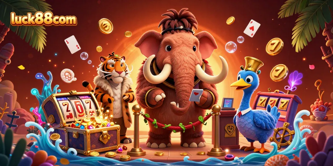 Immerse in luck88com's vibrant casino scene featuring a woolly mammoth bouncer and dazzling game elements.