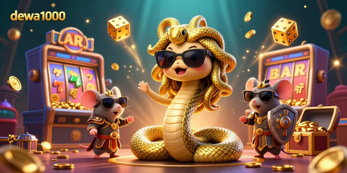 Experience the thrill of dewa1000 with a vibrant casino scene featuring friendly Medusa and exciting slot machines.