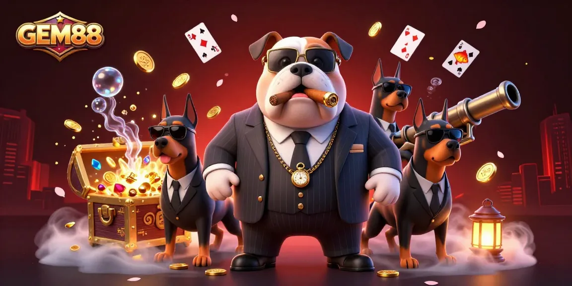 GEM88 showcases a colorful scene with a mafia bulldog and bodyguards amid gold coins and playing cards.