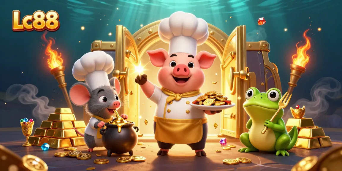 Experience excitement with Lc88 as a chef pig serves gold coins in a vibrant casino atmosphere.