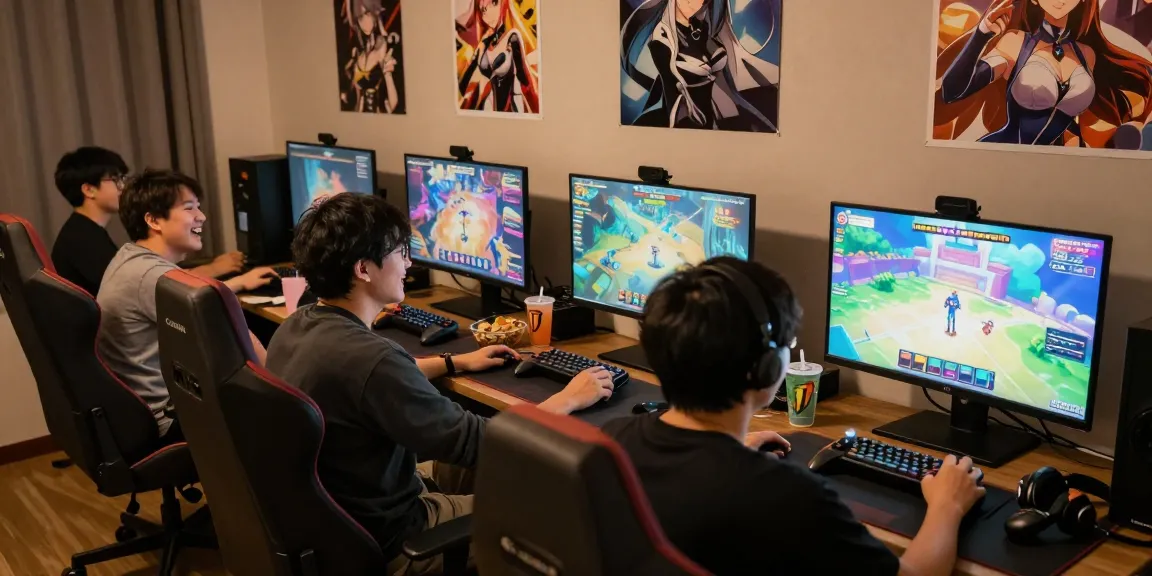 Players enjoying ecchi games in a cozy gaming setup with vibrant graphics and snacks.