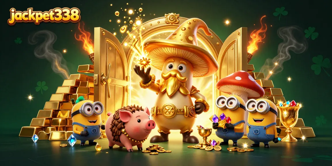 Spin and win big with jackpot338 in a vibrant, treasure-filled fantasy atmosphere.