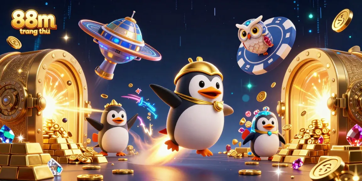 Experience the thrill of 88m trang chủ with our golden penguin racing through a vibrant casino world.