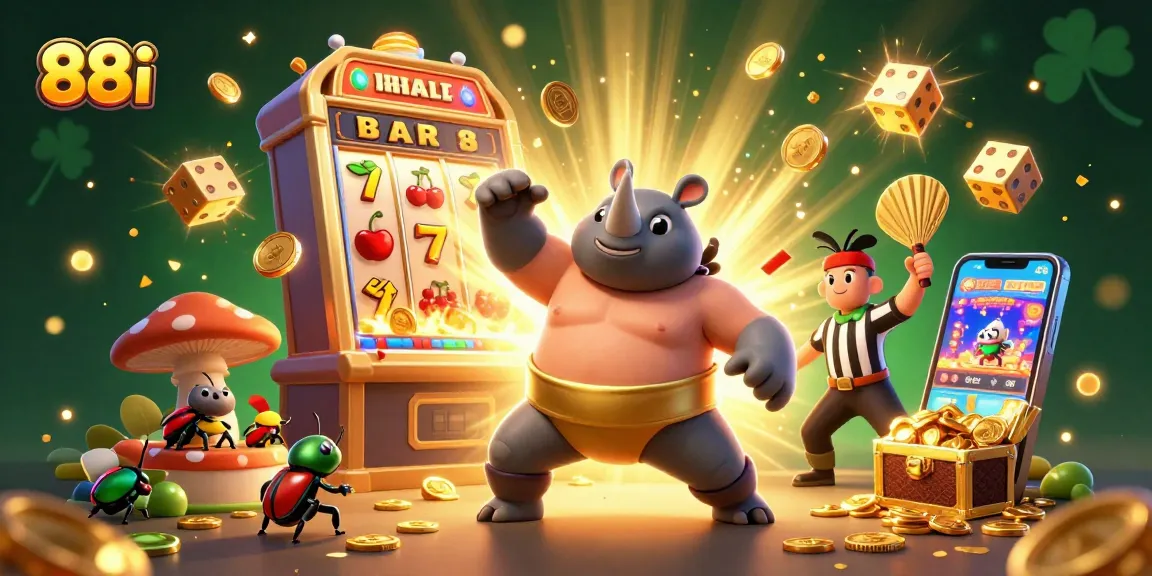 Engage with 88i's vibrant casino scene featuring a sumo champion beetle amidst a jackpot explosion.
