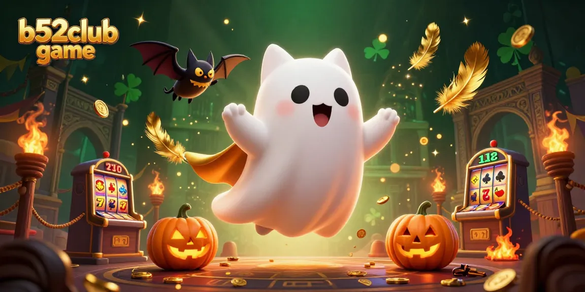 Engage with the thrilling b52club game in a vibrant haunted casino scene filled with joyful characters.