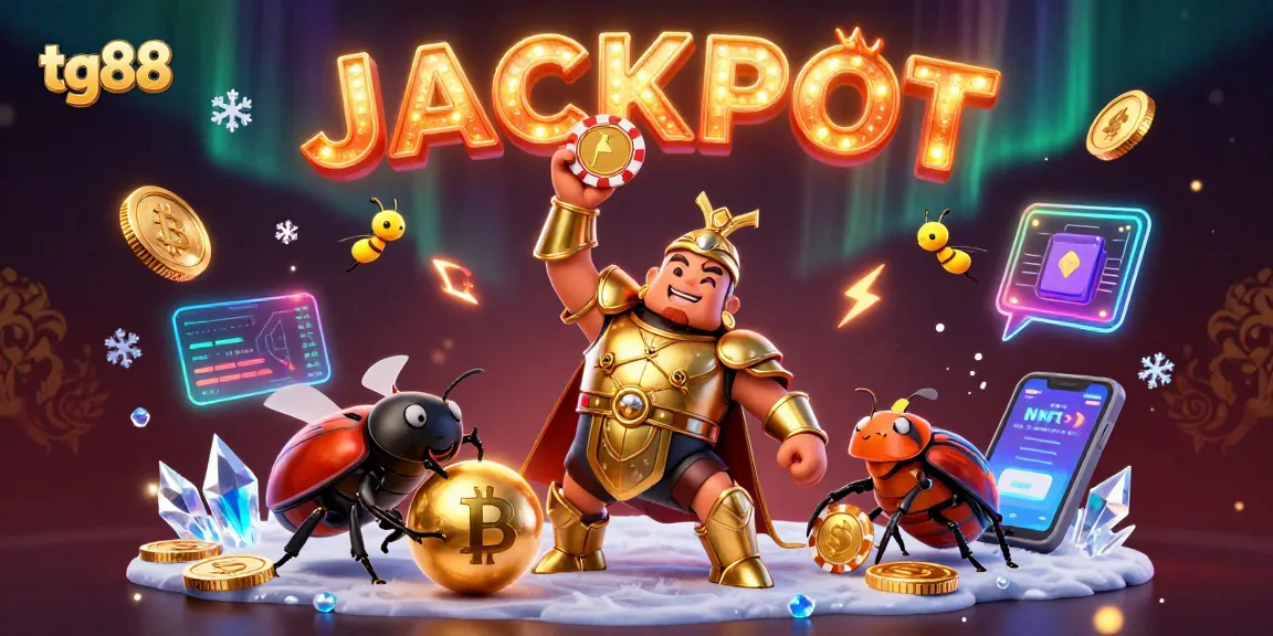 Experience tg88 with a victorious beetle lifting a poker chip amidst a vibrant 3D casino scene.