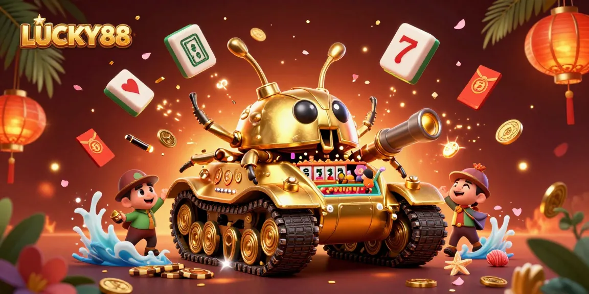 Play in the vibrant world of LUCKY88 with a massive golden beetle tank bursting with casino excitement.