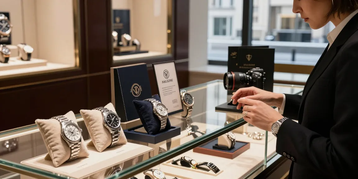 Super clone watches elegantly displayed in a luxurious boutique, showcasing fine craftsmanship and design.
