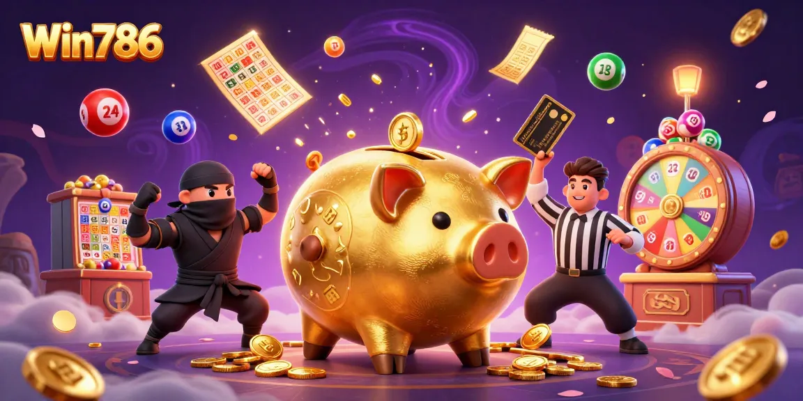 Win786 showcases a dynamic 3D illustration of a sumo wrestler piggy bank surrounded by vibrant casino elements.