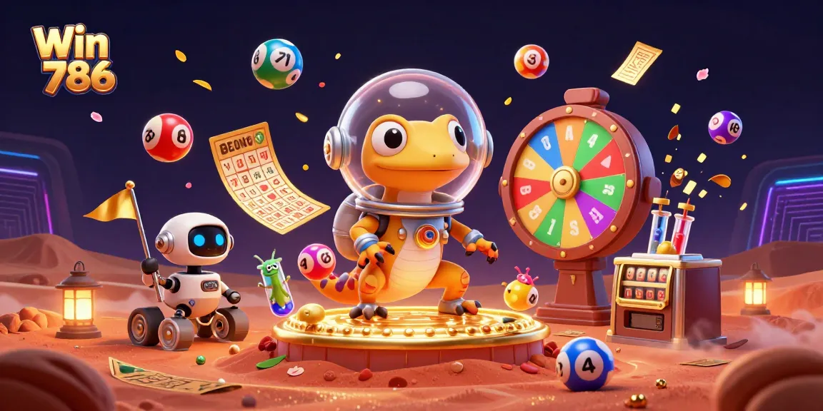 Win 786 ignites excitement with a Martian gecko and vibrant lottery elements in a golden casino