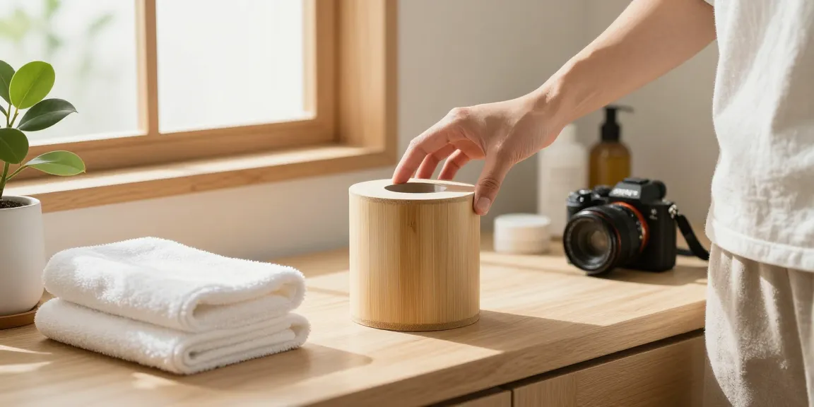 Bamboo Loo Roll displayed in a cozy bathroom with soft towels and plants, emphasizing eco-friendly living.